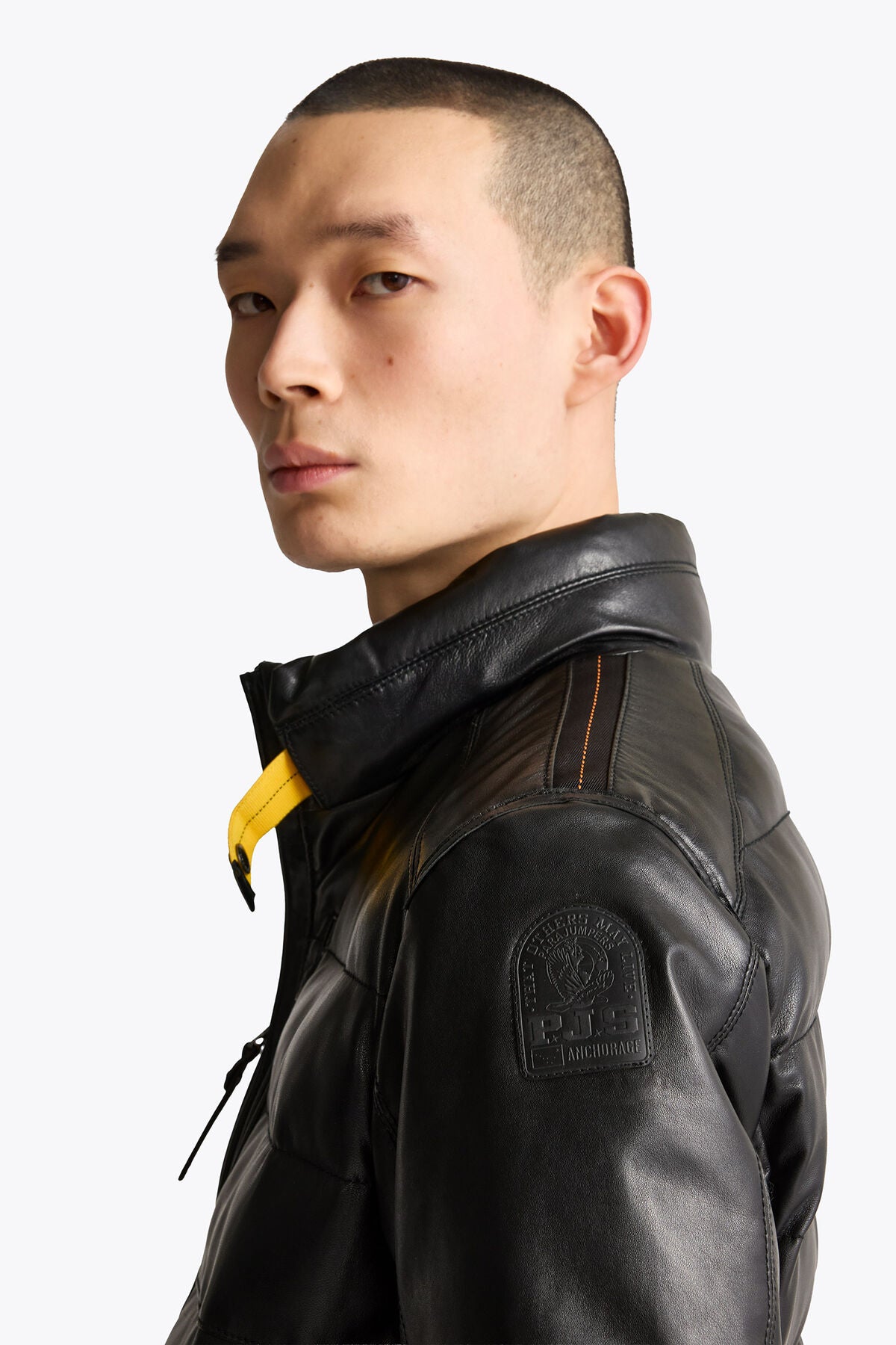 Parajumpers Ernie leather jacket in Black, collar and sleeve logo detail
