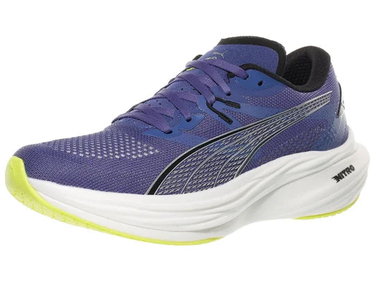 Men's Puma Deviate Nitro 3. Blue upper. White midsole. Lateral view.