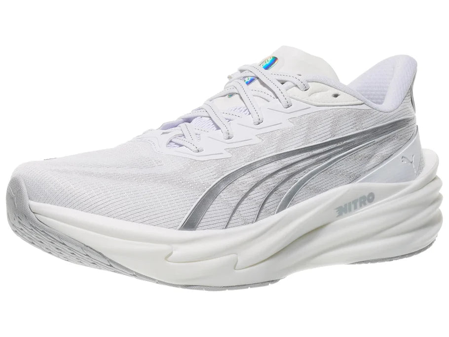 Men's PUMA Deviate Nitro $. White upper. White midsole. Lateral view.