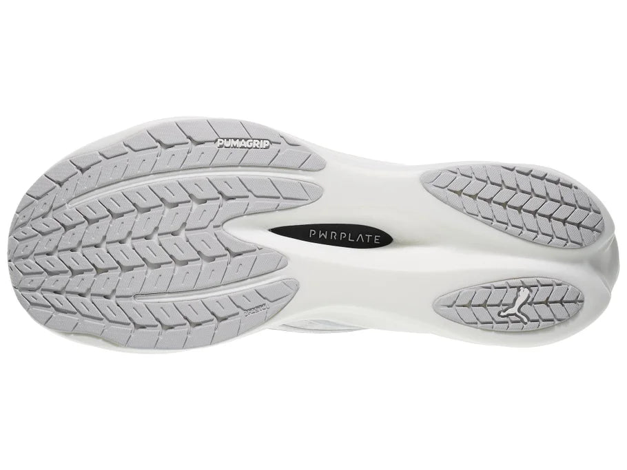 Men's PUMA Deviate Nitro $. White upper. White midsole. Bottom view.