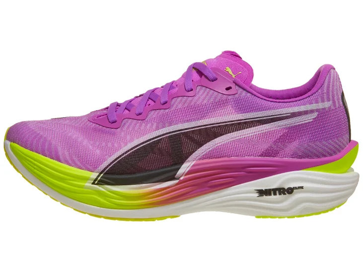Men's Puma Deviate Nitro Elite 3. Purple upper. Yellow/Purple/White midsole. Lateral view.
