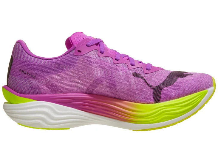 Men's Puma Deviate Nitro Elite 3. Purple upper. Yellow/Purple/White midsole. Medial view.