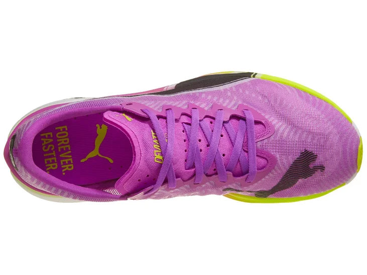 Men's Puma Deviate Nitro Elite 3. Purple upper. Yellow/Purple/White midsole. Top view.