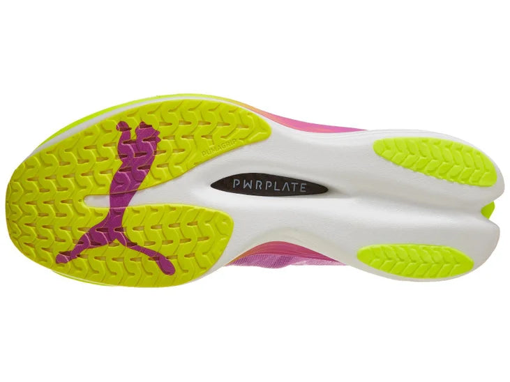 Men's Puma Deviate Nitro Elite 3. Purple upper. Yellow/Purple/White midsole. Bottom view.