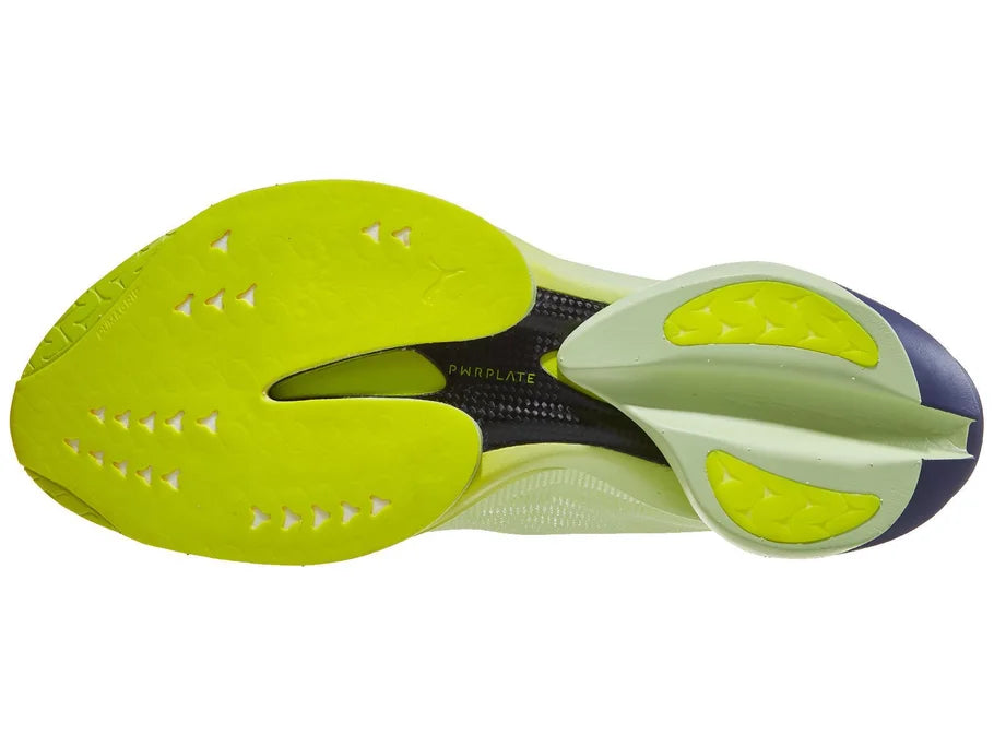 Men's Puma Fast-R Nitro Elite 3. Green upper. Yellow/Green midsole. Bottom view.