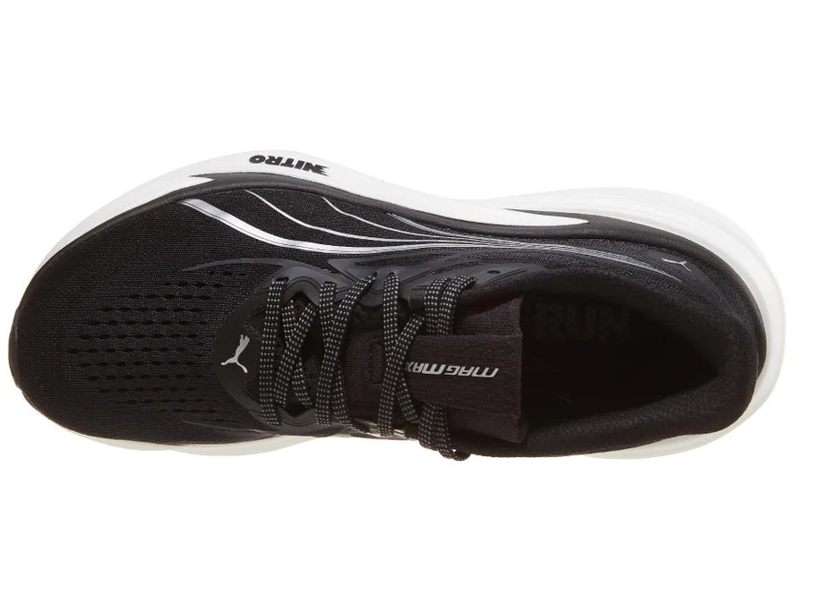 Men's PUMA MagMax Nitro 2. Black upper. White midsole. Top view.