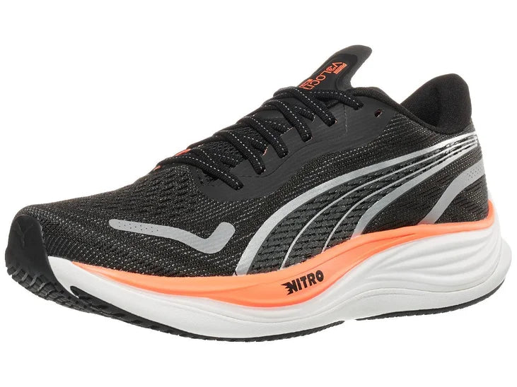 Men's Puma Velocity Nitro 3. Black upper. White/Orange midsole. Lateral view.