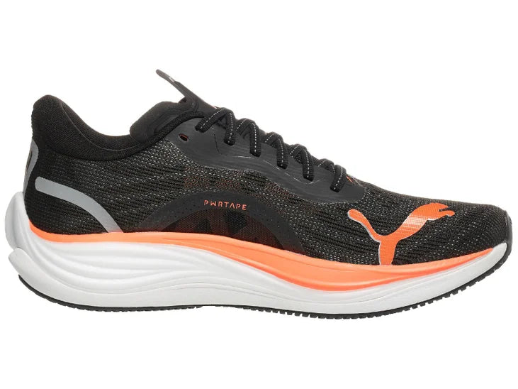 Men's Puma Velocity Nitro 3. Black upper. White/Orange midsole. Medial view.