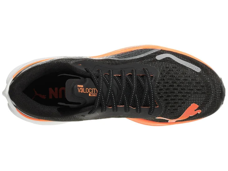 Men's Puma Velocity Nitro 3. Black upper. White/Orange midsole. Top view.