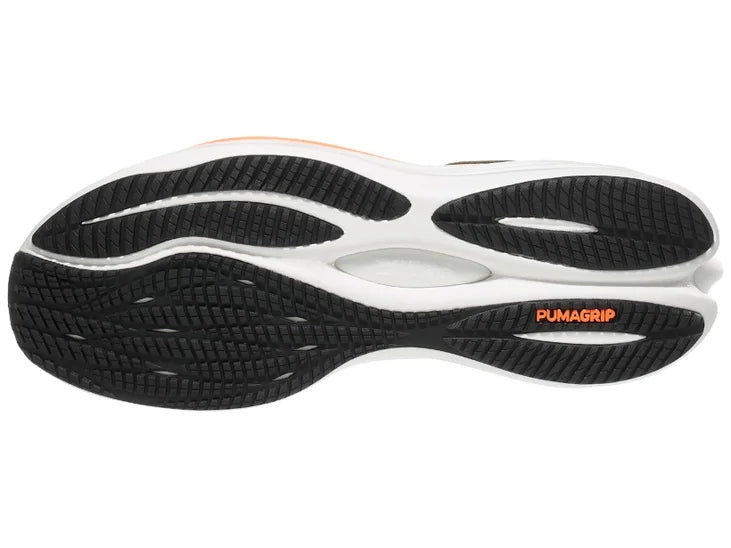 Men's Puma Velocity Nitro 3. Black upper. White/Orange midsole. Bottom view.