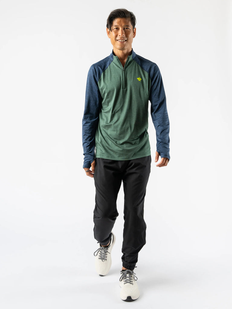 Men's rabbit EZ Zip 2.0 Long Sleeve. Green/Navy. Front view.