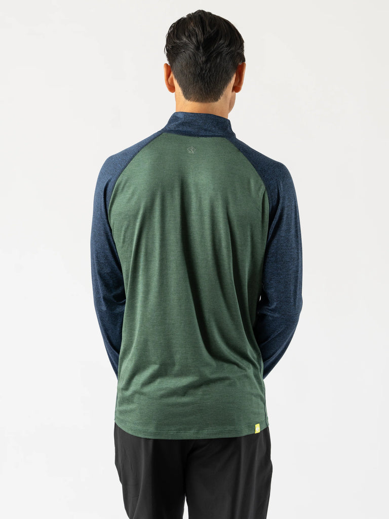 Men's rabbit EZ Zip 2.0 Long Sleeve. Green/Navy. Rear view.