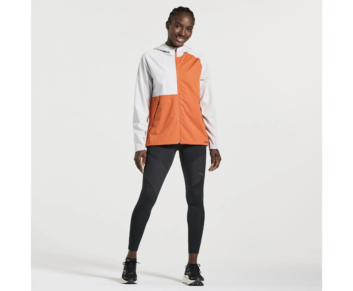 Men's Saucony Boulder Drizzle Jacket. White and orange color way. Front view.