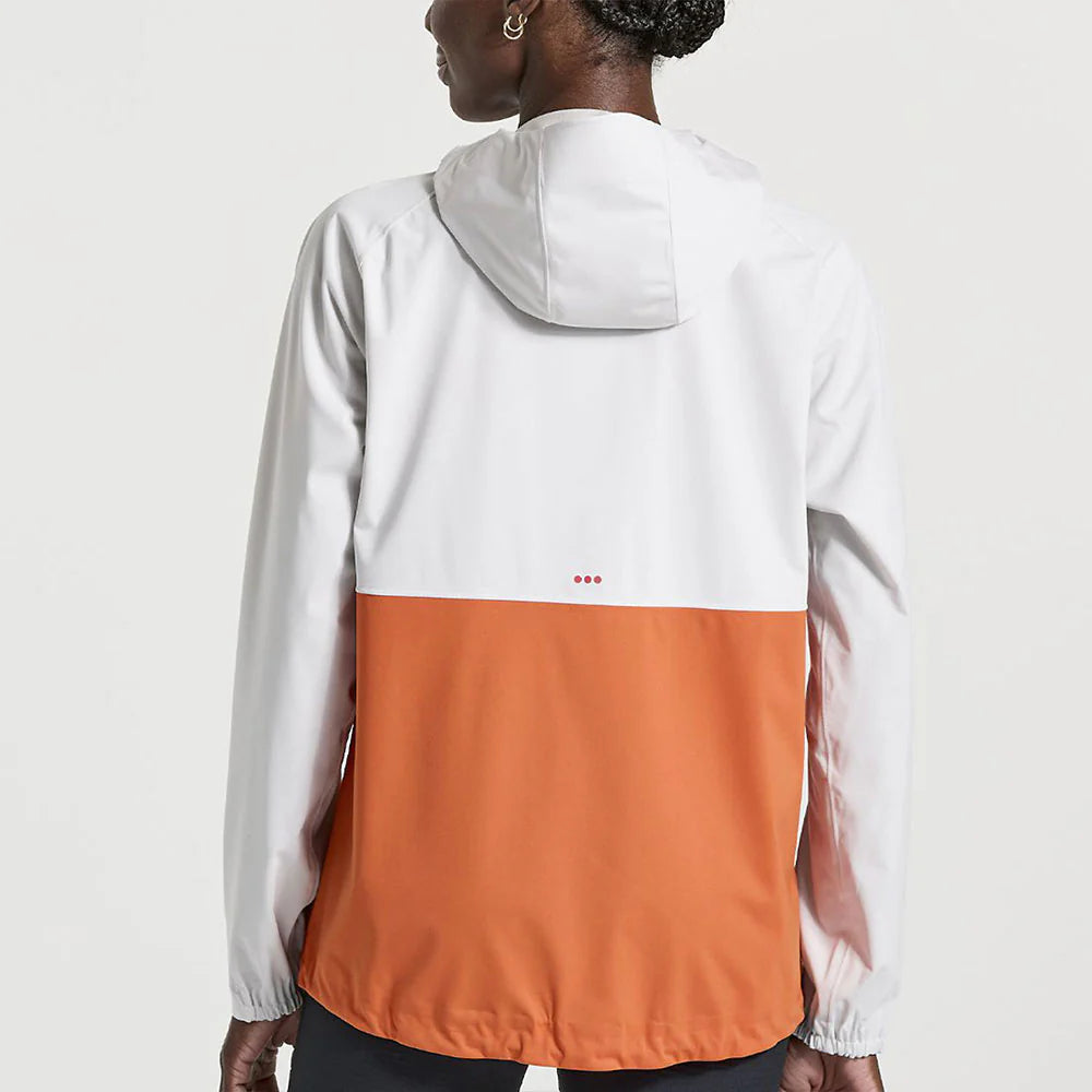 Men's Saucony Boulder Drizzle Jacket. White and orange color way. Back view.