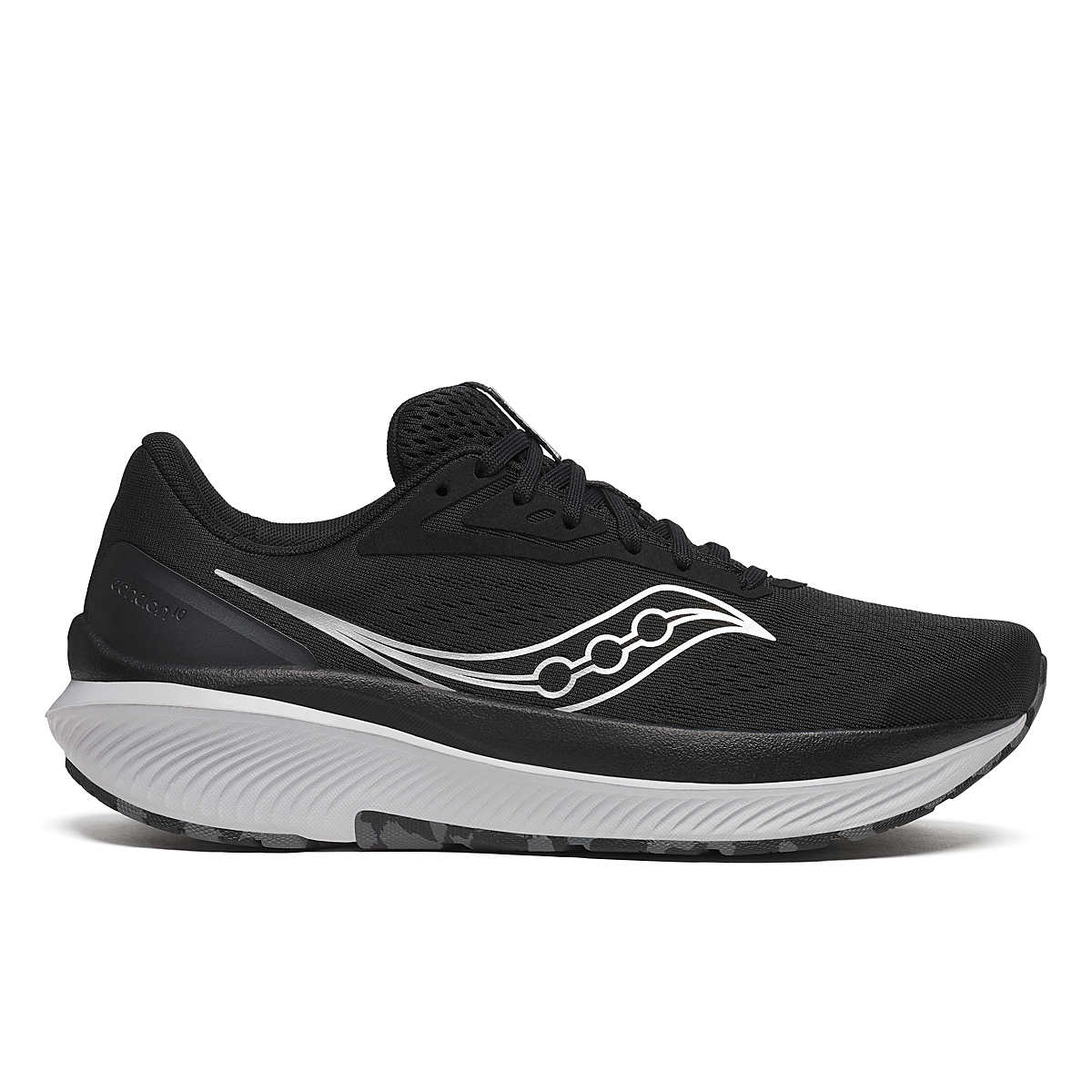 Men's Saucony Echelon 10. Black upper. Grey midsole. Lateral view.