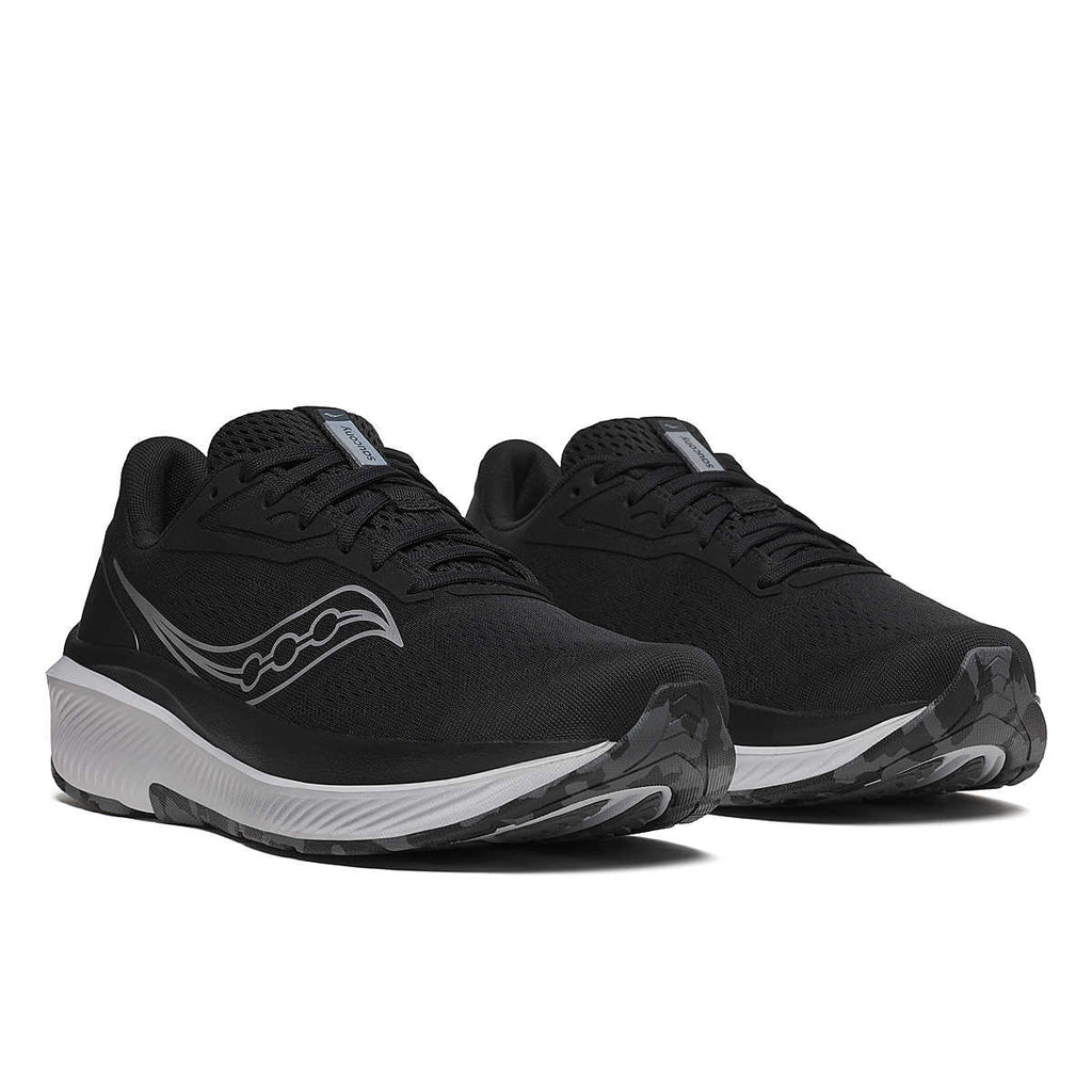 Men's Saucony Echelon 10. Black upper. Grey midsole. Lateral view.