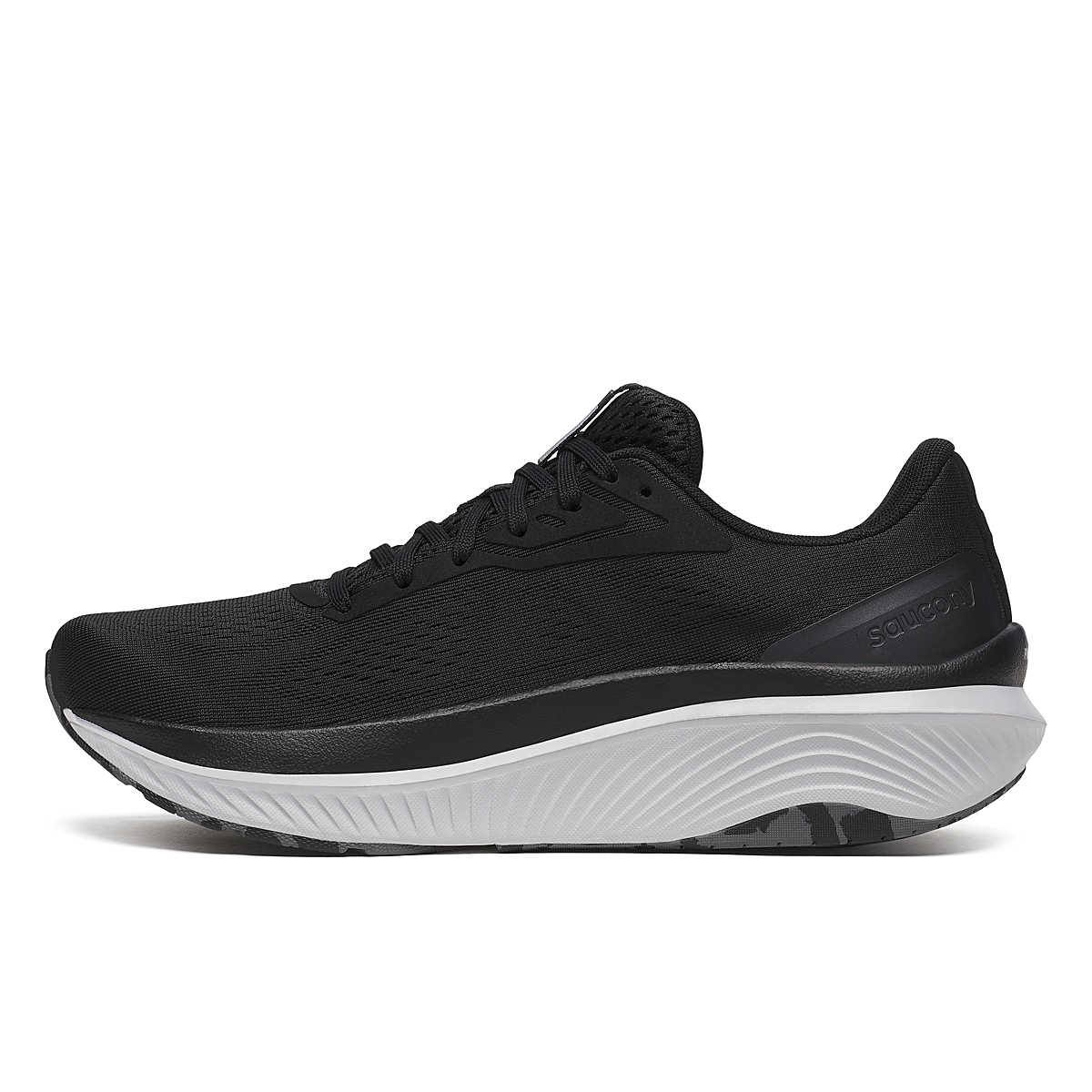 Men's Saucony Echelon 10. Black upper. Grey midsole. Medial view.