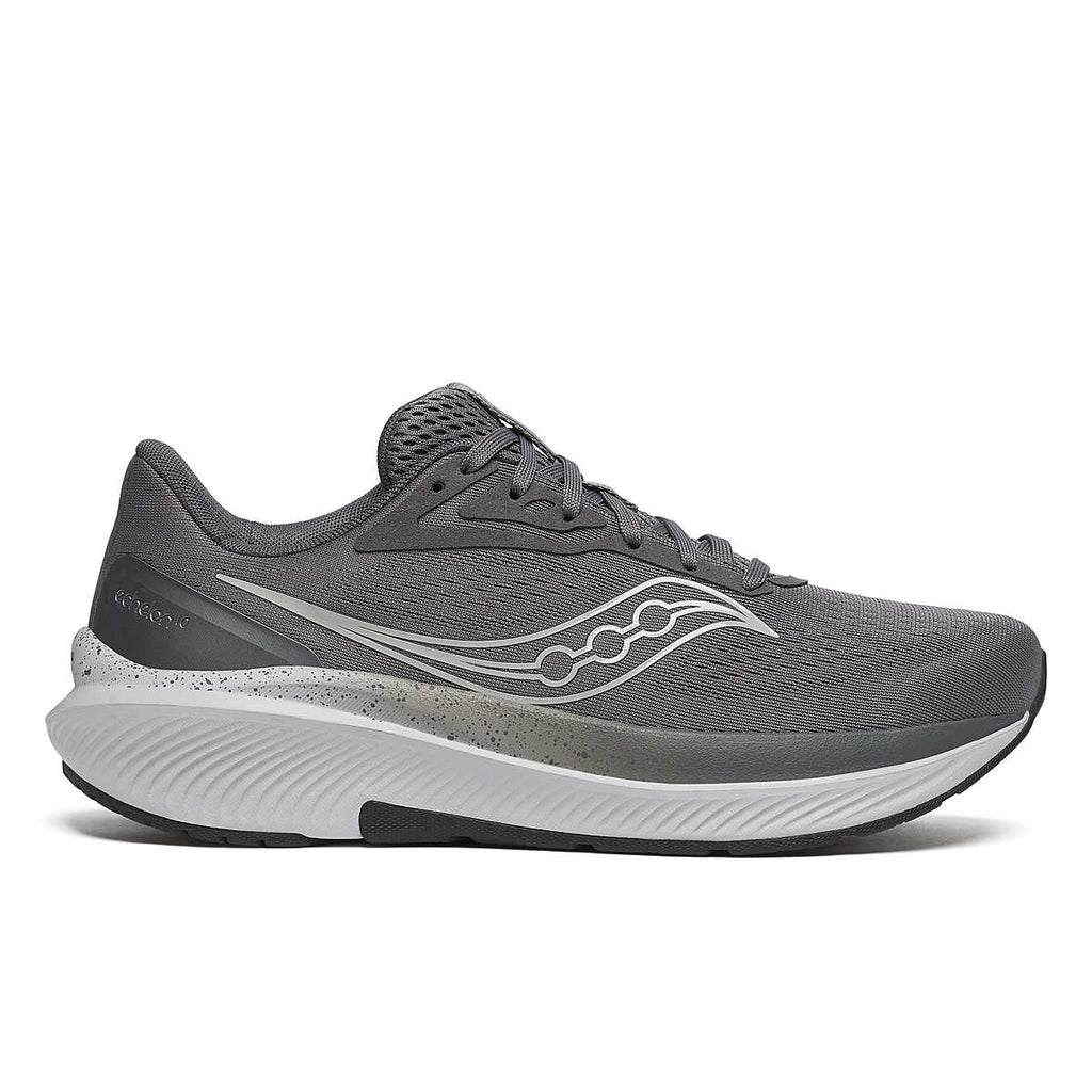 Men's Saucony Echelon 10. Grey upper. Grey and white midsole. Lateral view.