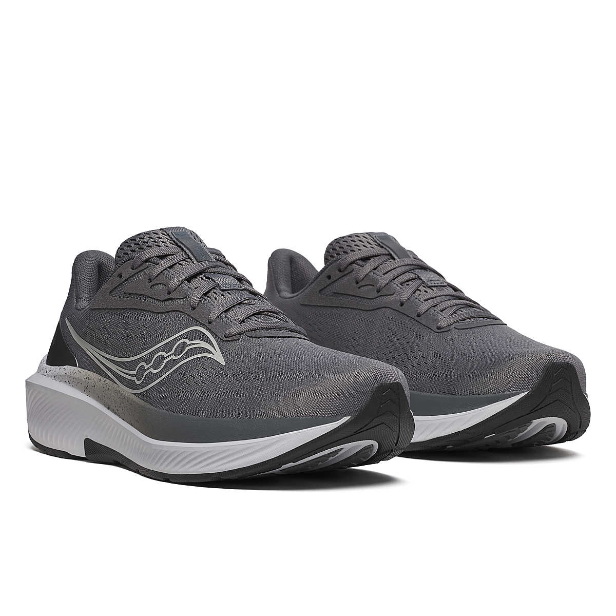 Men's Saucony Echelon 10. Grey upper. Grey and white midsole. Lateral view.