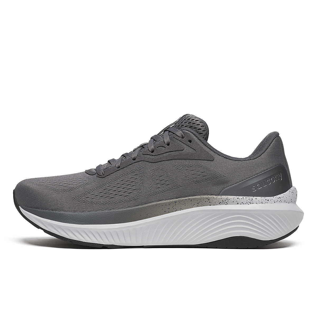 Men's Saucony Echelon 10. Grey upper. Grey and white midsole. Medial view.