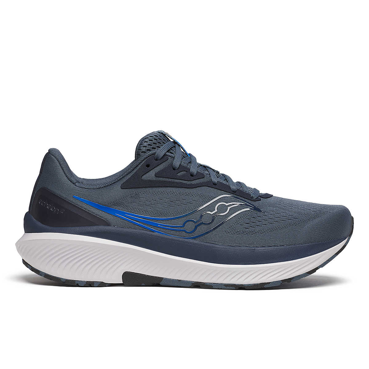 Men's Saucony Echelon 10. Grey upper. Navy blue and white midsole. Blue logo. Lateral view.