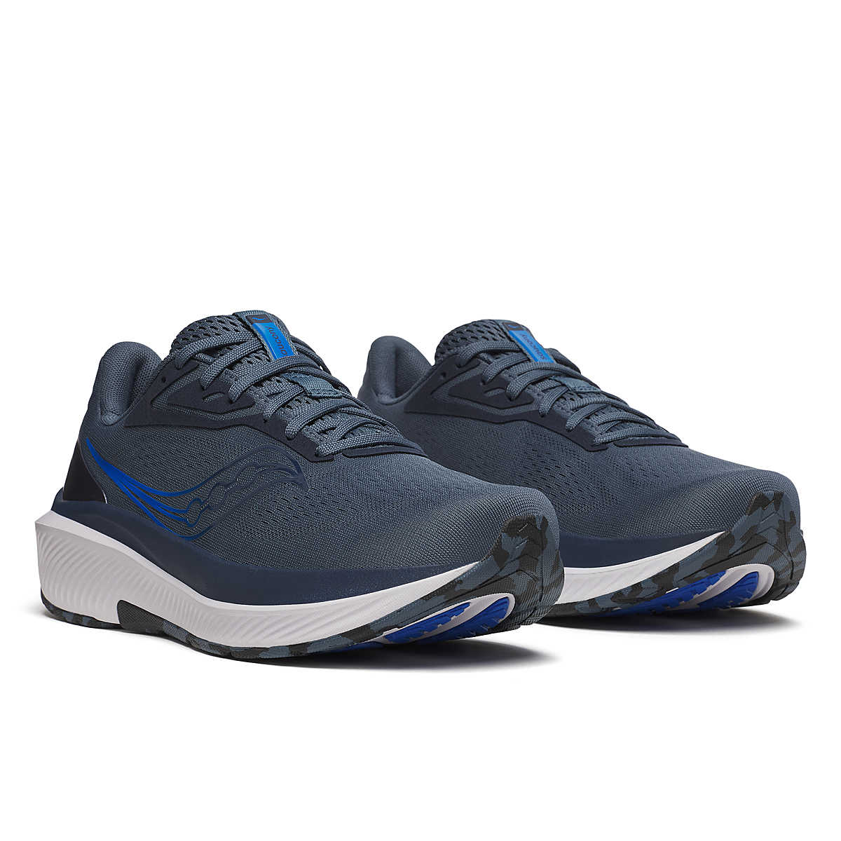 Men's Saucony Echelon 10. Grey upper. Navy blue and white midsole. Blue logo. Lateral view.