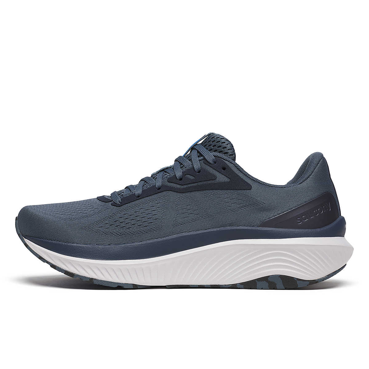 Men's Saucony Echelon 10. Grey upper. Navy blue and white midsole. Medial view.