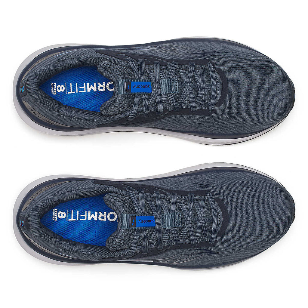 Men's Saucony Echelon 10. Grey upper. Navy blue and white midsole. Blue logo. Top view.