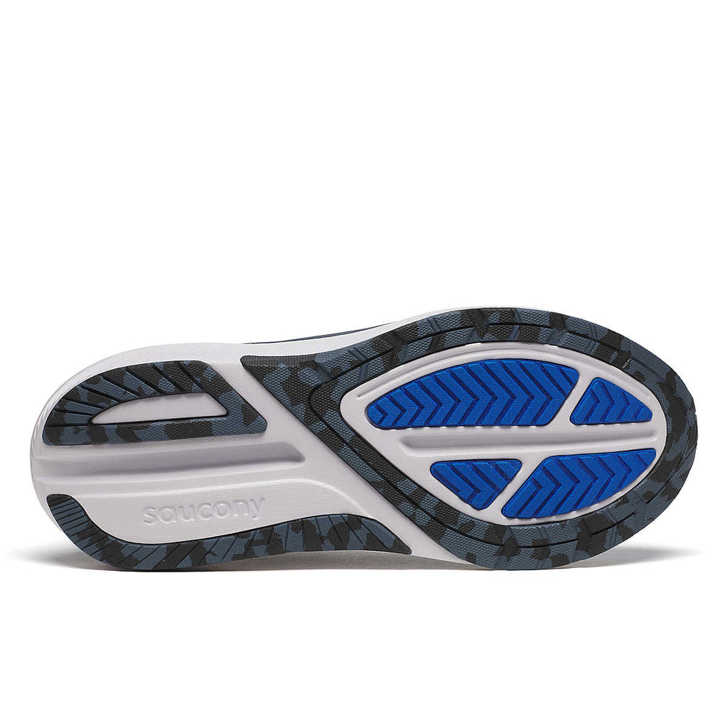 Men's Saucony Echelon 10. Grey upper. Navy blue and white midsole. Blue logo. Bottom view.
