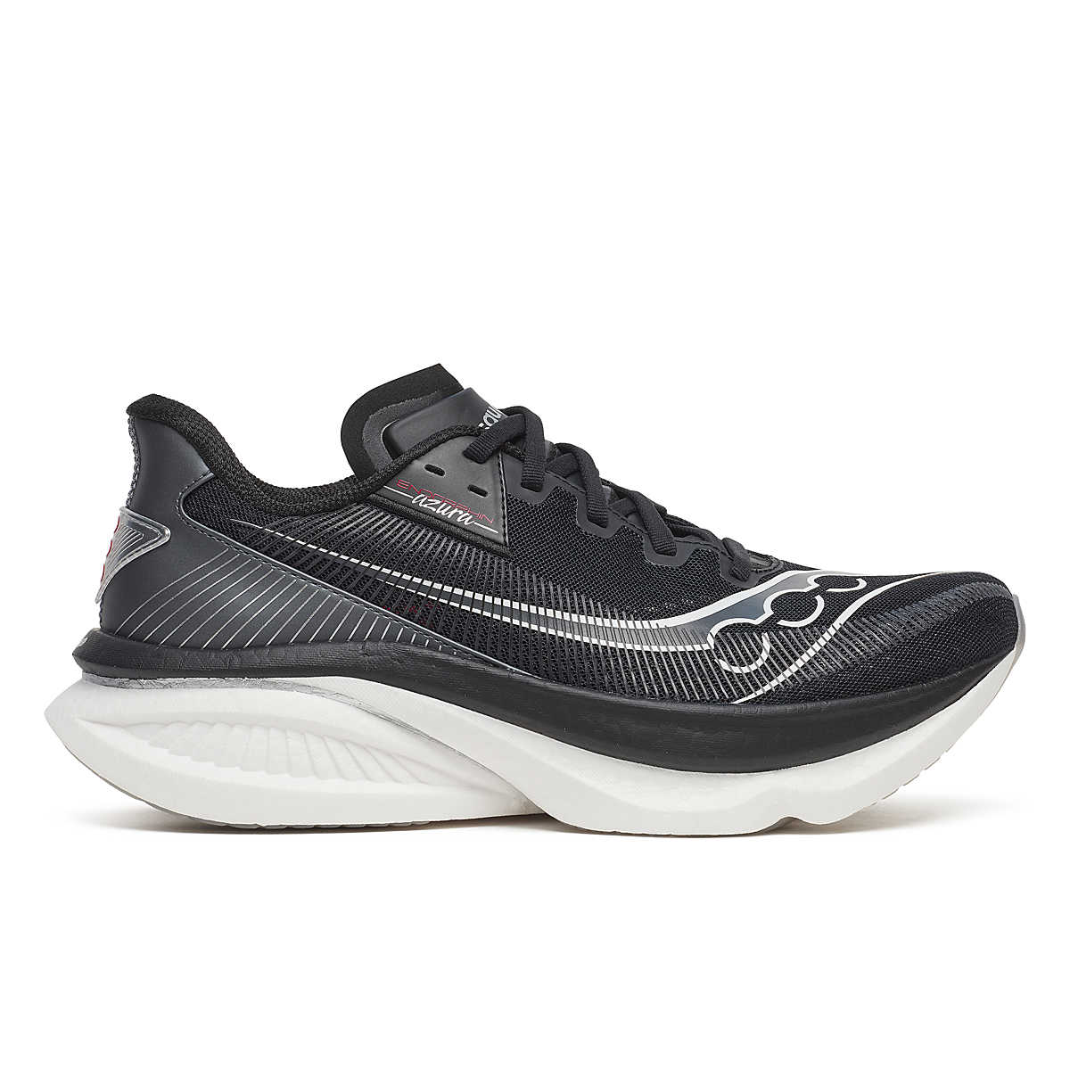 Men's Saucony Endorphin Azura. Black upper. White midsole. Lateral view.