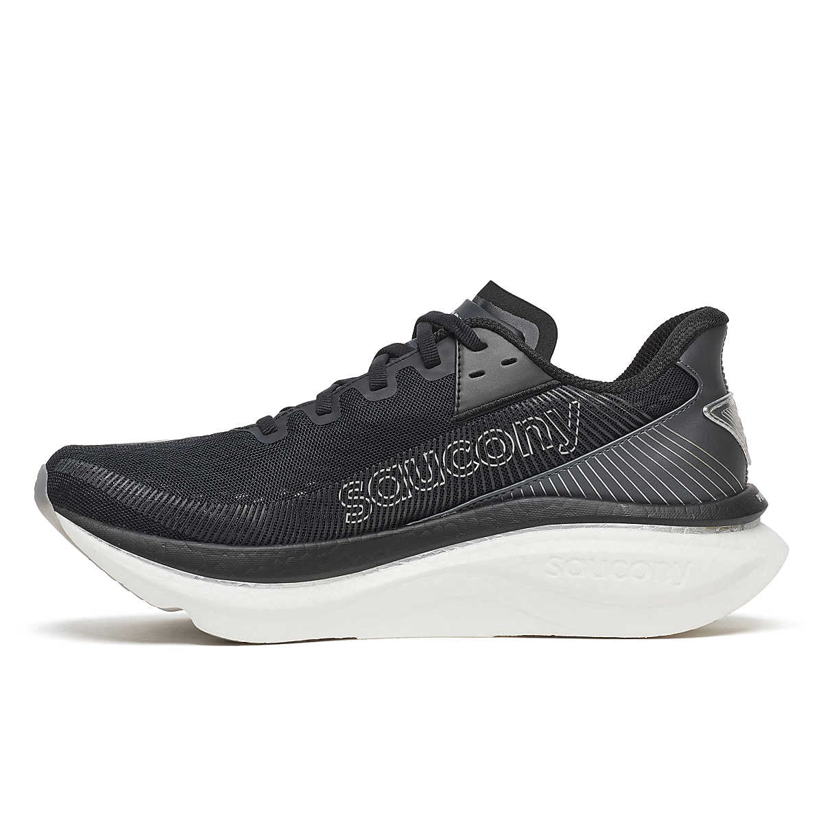 Men's Saucony Endorphin Azura. Black upper. White midsole. Medial view.