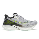Men's Saucony Endorphin Azura. Grey, black, and neon yellow upper. White midsole. Lateral view.