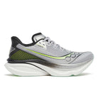 Men's Saucony Endorphin Azura. Grey, black, and neon yellow upper. White midsole. Lateral view.