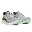 Men's Saucony Endorphin Azura. Grey, black, and neon yellow upper. White midsole. Lateral view.