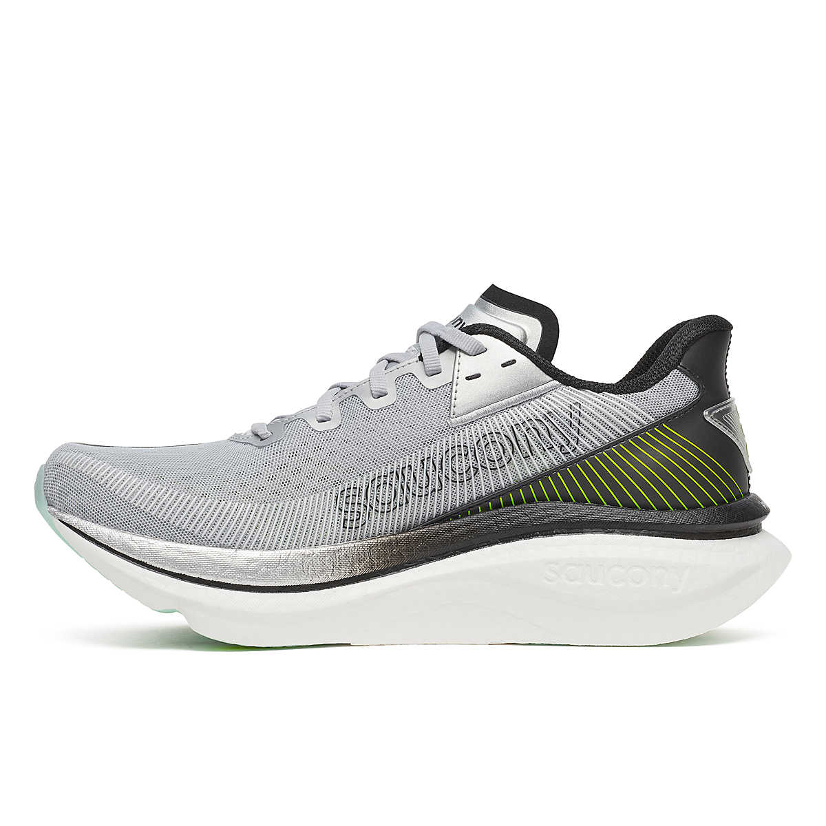 Men's Saucony Endorphin Azura. Grey, black, and neon yellow upper. White midsole. Medial view.