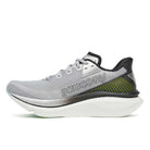 Men's Saucony Endorphin Azura. Grey, black, and neon yellow upper. White midsole. Medial view.
