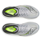 Men's Saucony Endorphin Azura. Grey, black, and neon yellow upper. White midsole. Top view.