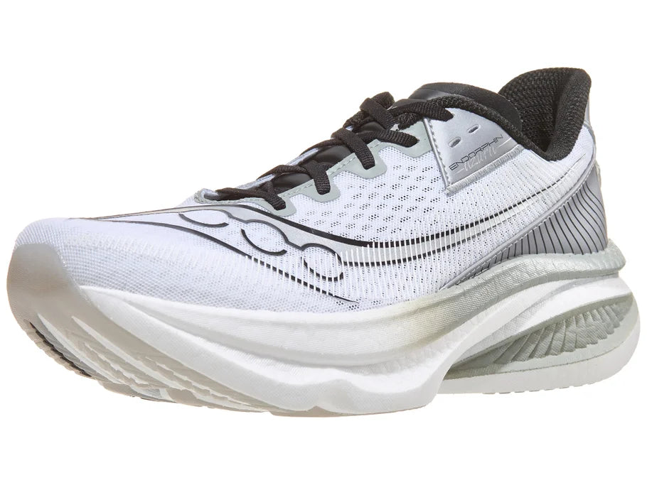 Men's Saucony Endorphin Azura. White upper. White midsole. Lateral view.