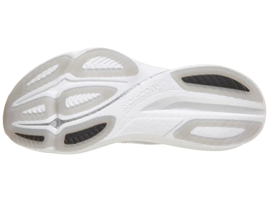 Men's Saucony Endorphin Azura. White upper. White midsole. Bottom view.