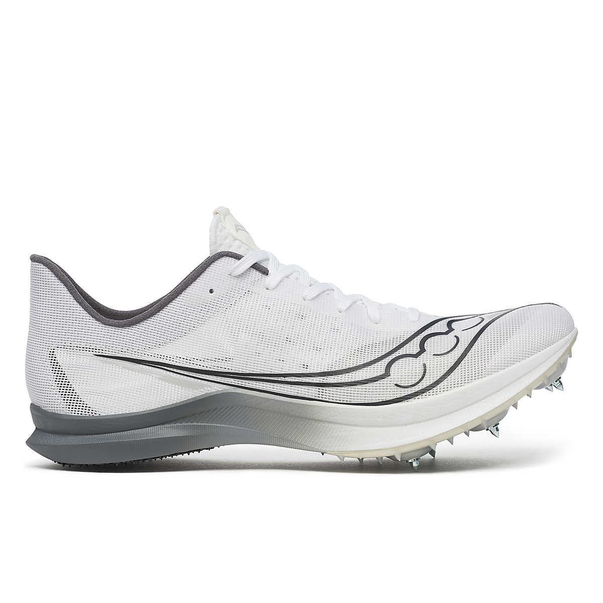 Men's Saucony Endorphin Cheetah. White upper. Grey/White midsole. Lateral view.