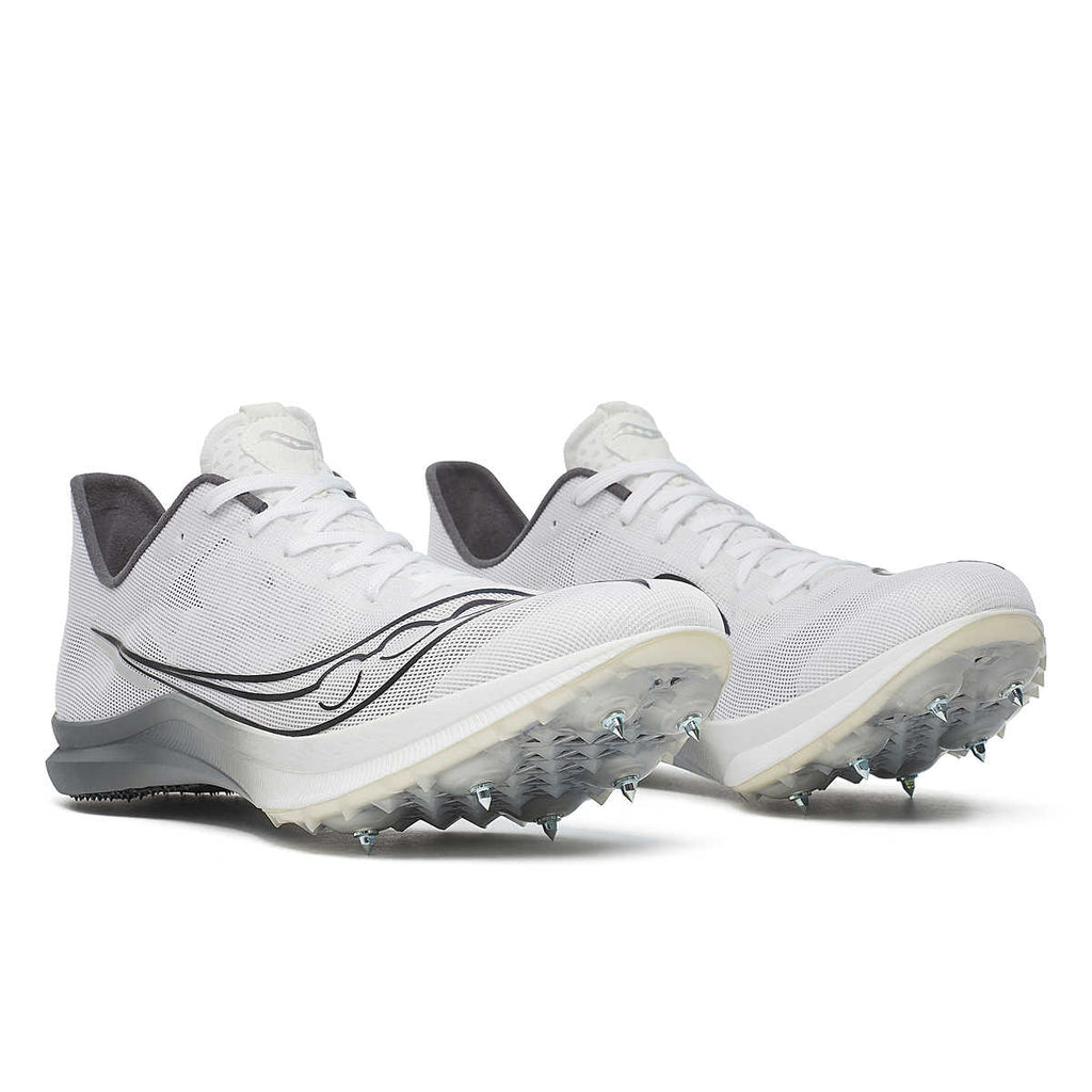 Unisex Saucony Endorphin Cheetah. White upper. Grey/White midsole. Lateral view.