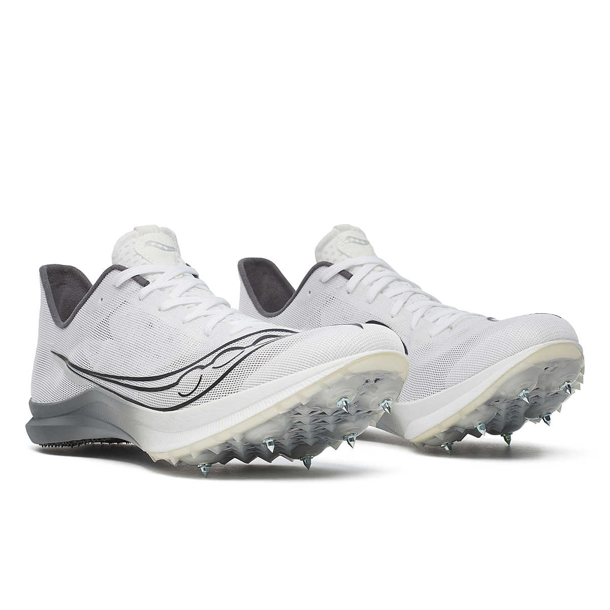 Men's Saucony Endorphin Cheetah. White upper. Grey/White midsole. Lateral view.