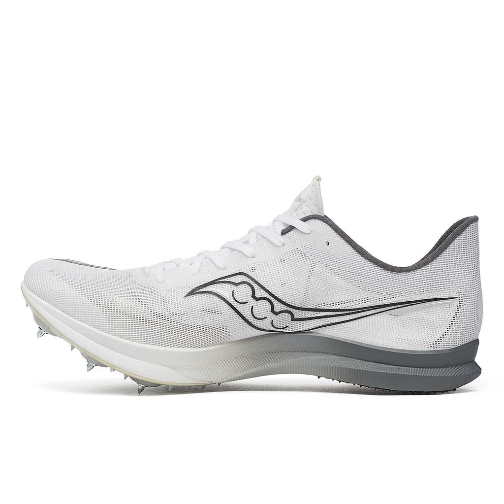 Unisex Saucony Endorphin Cheetah. White upper. Grey/White midsole. Medial view.