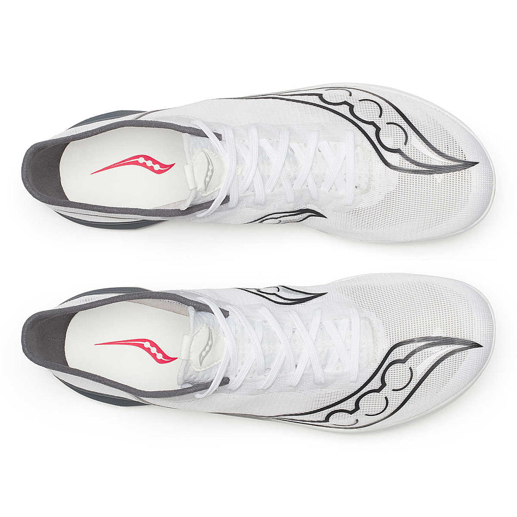 Unisex Saucony Endorphin Cheetah. White upper. Grey/White midsole. Top view.