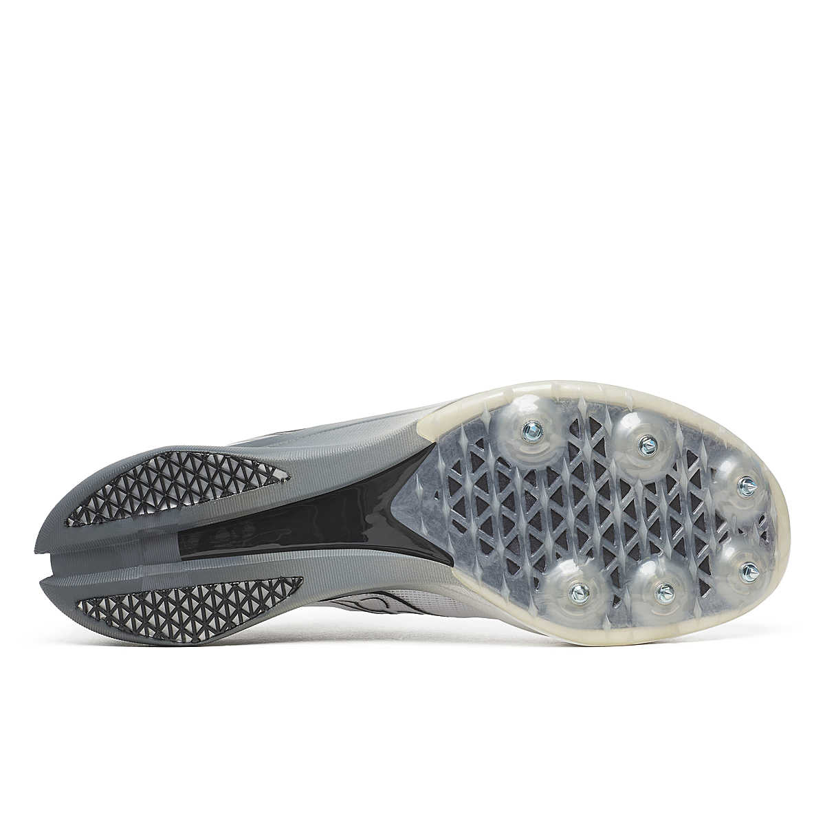 Men's Saucony Endorphin Cheetah. White upper. Grey/White midsole. Bottom view.
