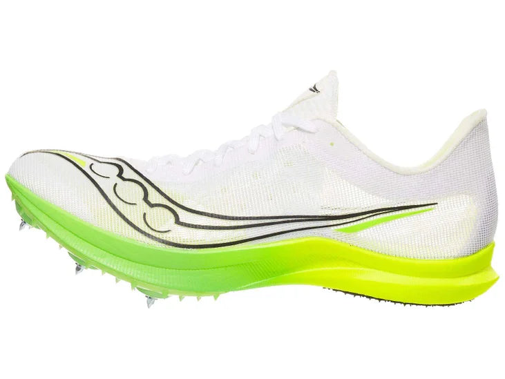 Men's Saucony Endorphin Cheetah. White upper. Green midsole. Lateral view.