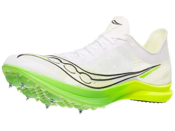 Men's Saucony Endorphin Cheetah. White upper. Green midsole. Lateral view.