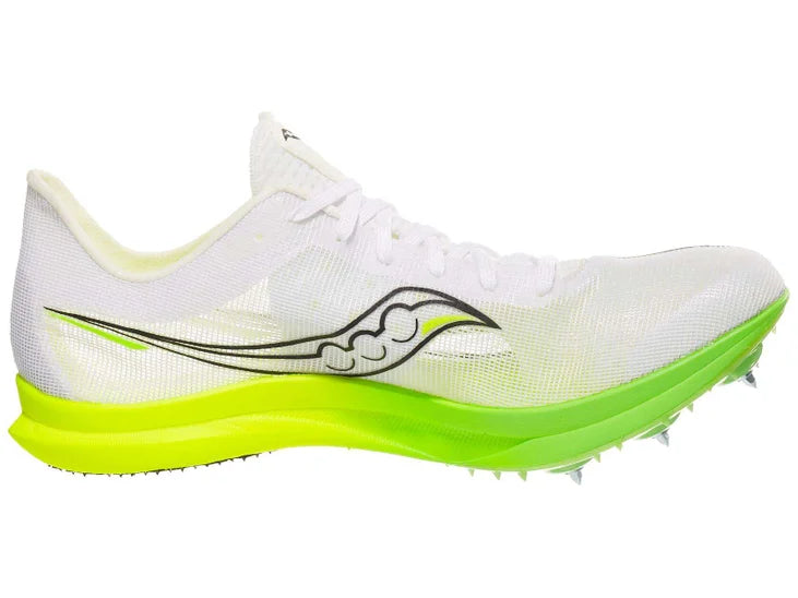 Men's Saucony Endorphin Cheetah. White upper. Green midsole. Medial view.