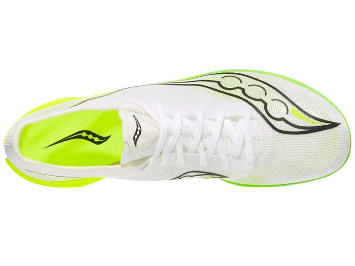 Men's Saucony Endorphin Cheetah. White upper. Green midsole. Top view.