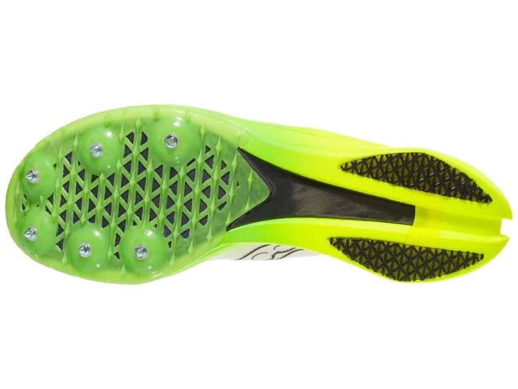 Men's Saucony Endorphin Cheetah. White upper. Green midsole. Bottom view.